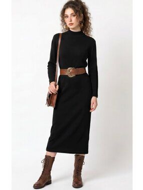 Vintage 80s Black Long Sleeve Mock Neck Knit Midi Dress | S/M